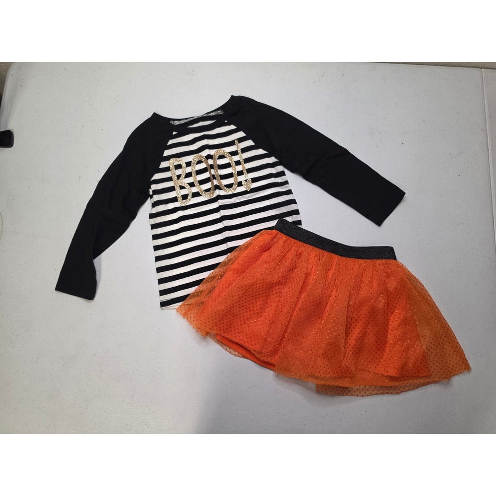 Circo Toddler Girls 2T Halloween Boo Striped Shirt and Orange Tutu Skirt Set